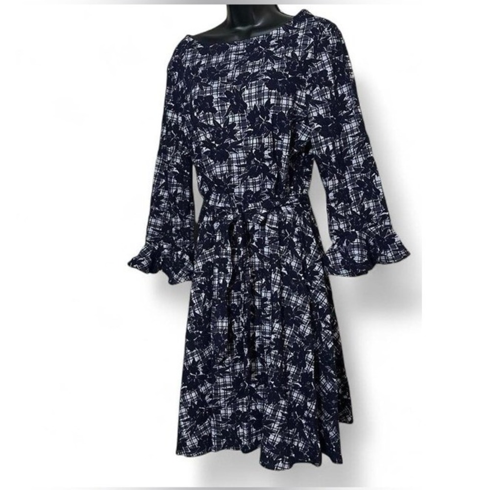 NWT Navy Floral Plaid Midi Dress Bell Sleeves Size 1X